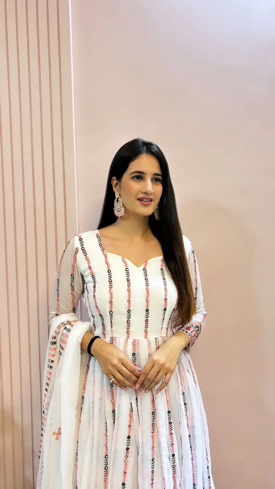 Elegant Ivory Embroidered Anarkali Suit with Floral Motifs