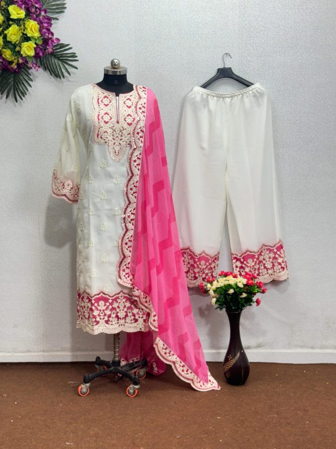 Pearl White Georgette Chine Sequins Work Pakistani Suit