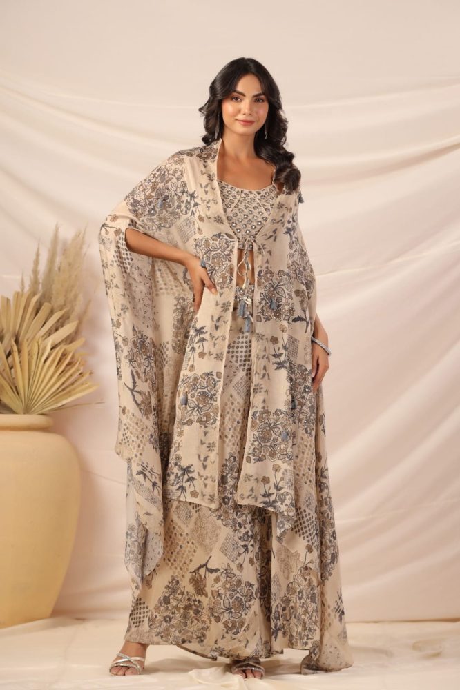Elegant Croptop Palazzo and Cape Set