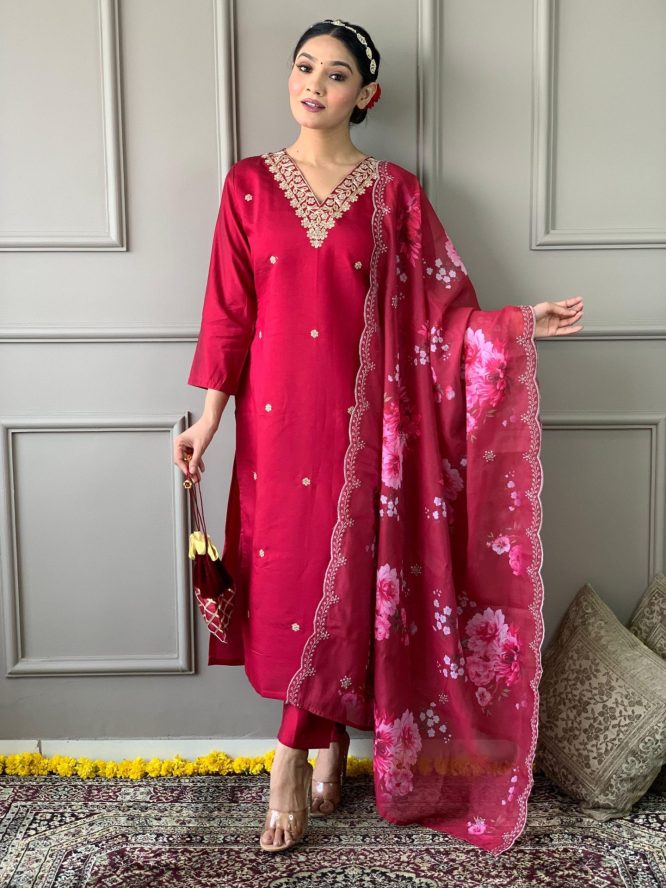 Chanderi Silk Embroidered Kurta Set with Floral Dupatta