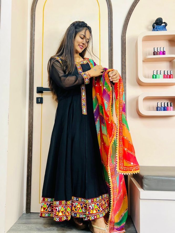 Midnight Elegance Multicolor Embroidered Anarkali Suit with Rainbow Dupatta