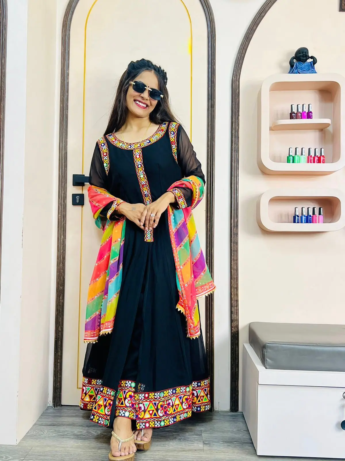 Midnight Elegance Multicolor Embroidered Anarkali Suit with Rainbow Dupatta