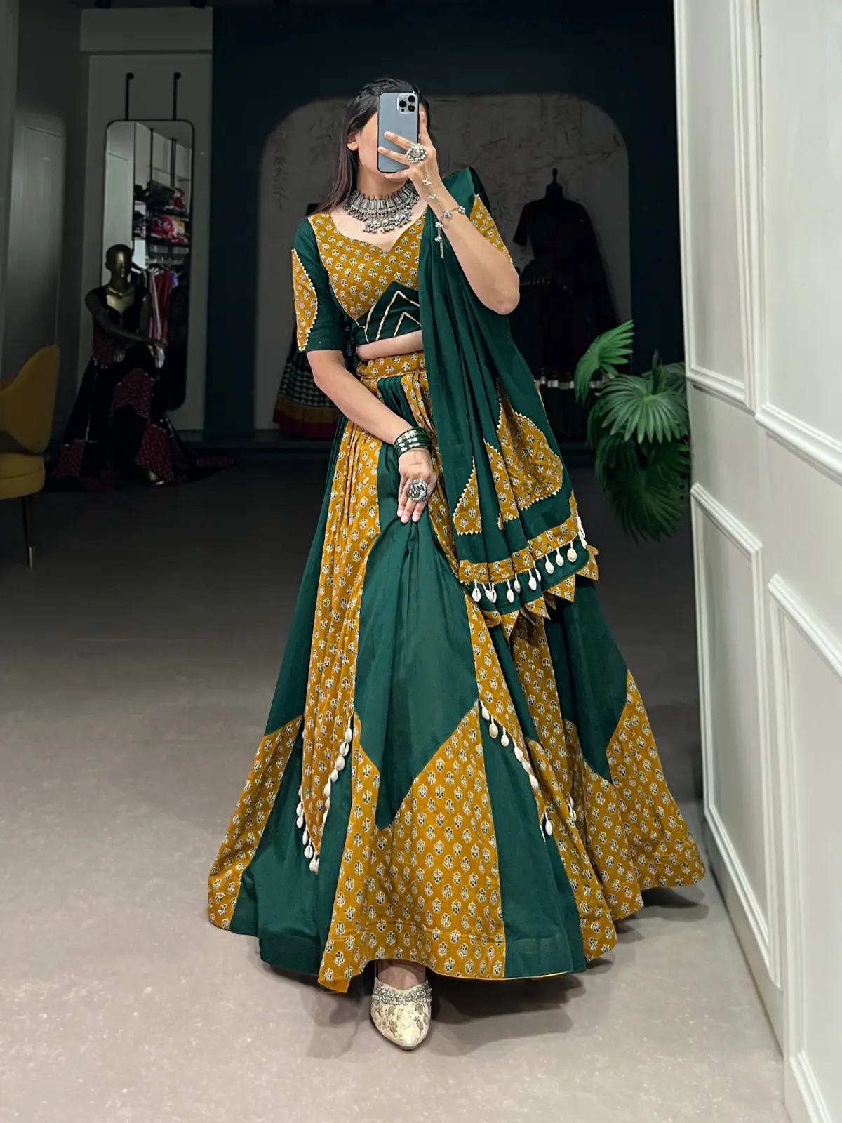 Navratri Special Emerald Gold Geometric Lehenga Choli
