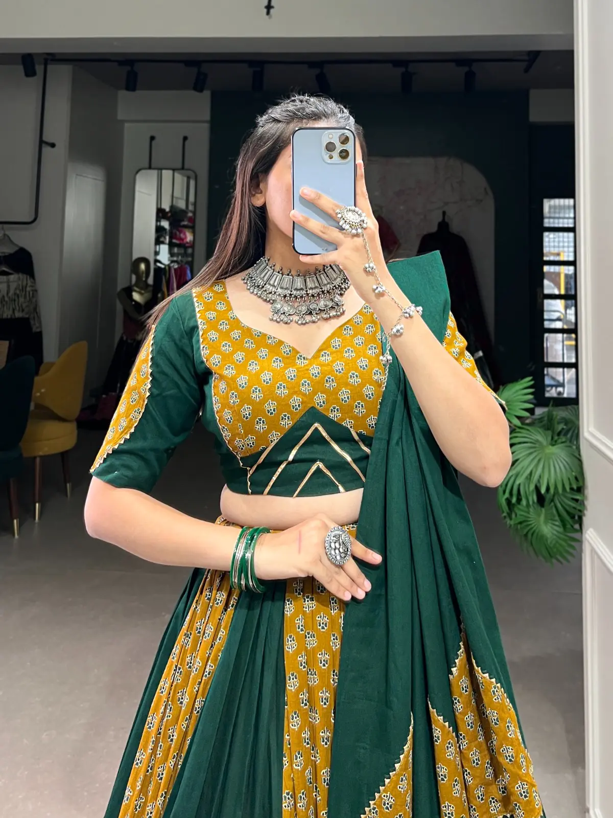 Navratri Special Emerald Gold Geometric Lehenga Choli