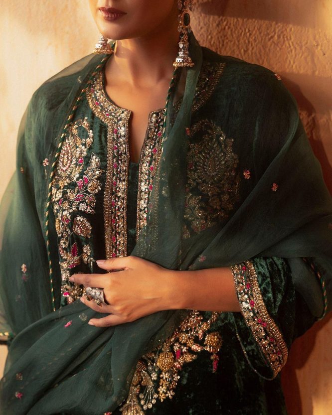 Elegant Green Velvet Embroidered Festive Ensemble