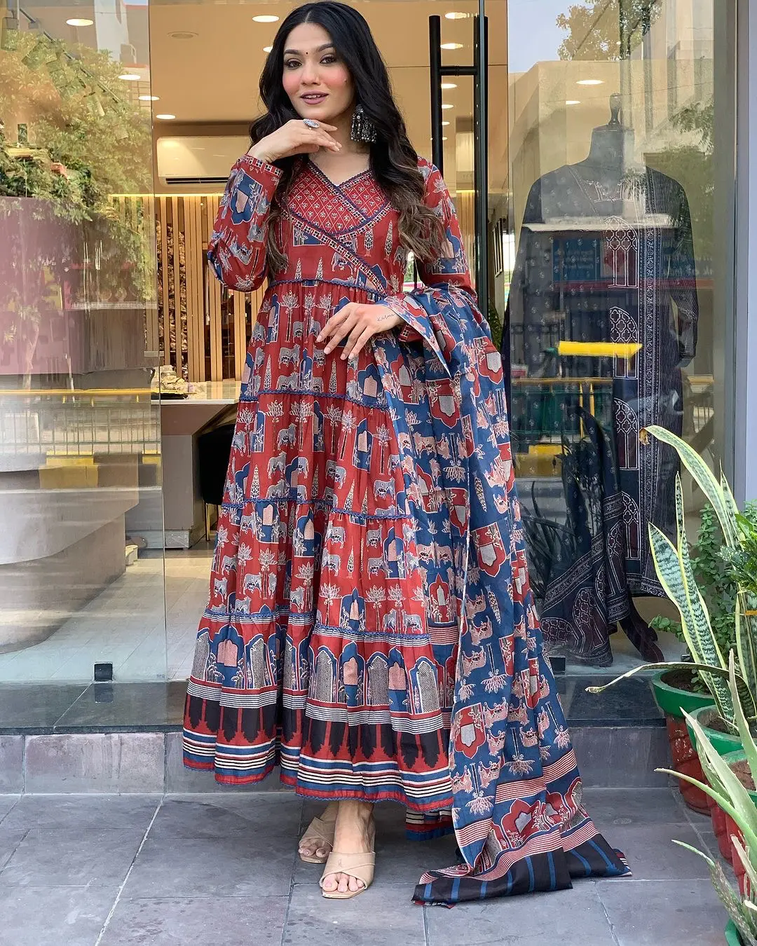 Chanderi Print Anarkali Suit Set