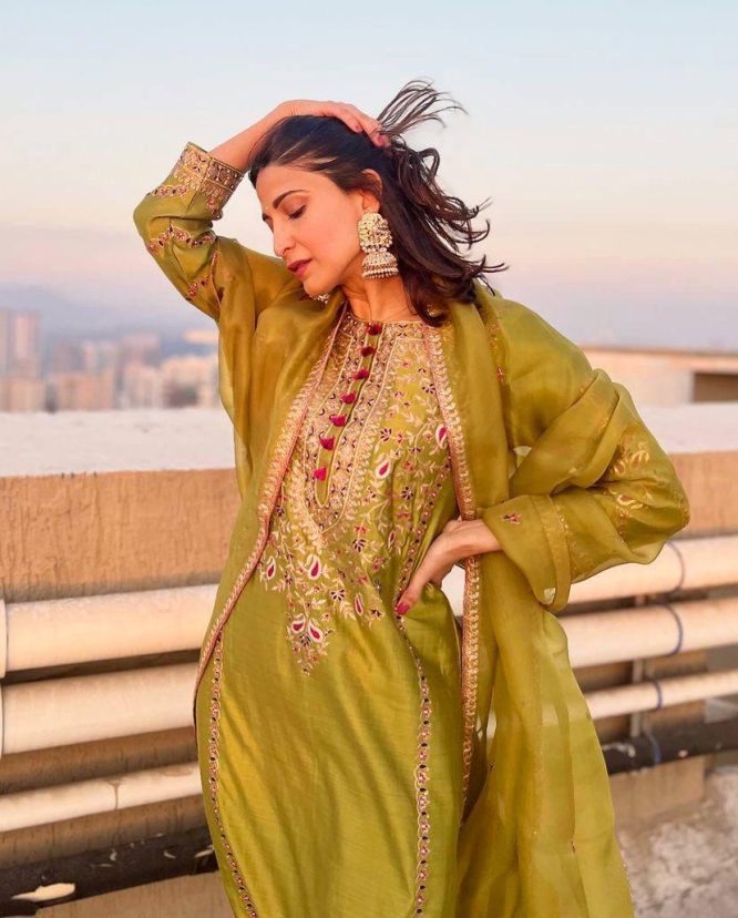 Golden Embroidered Silk Kurta Set