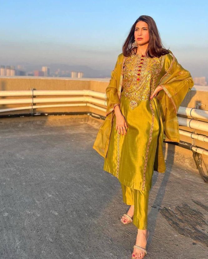 Golden Embroidered Silk Kurta Set