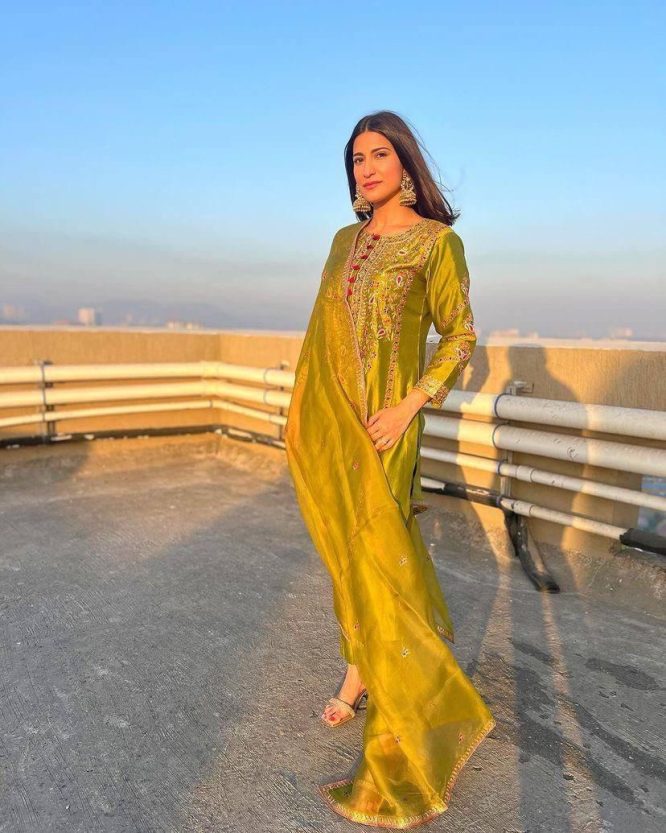 Golden Embroidered Silk Kurta Set