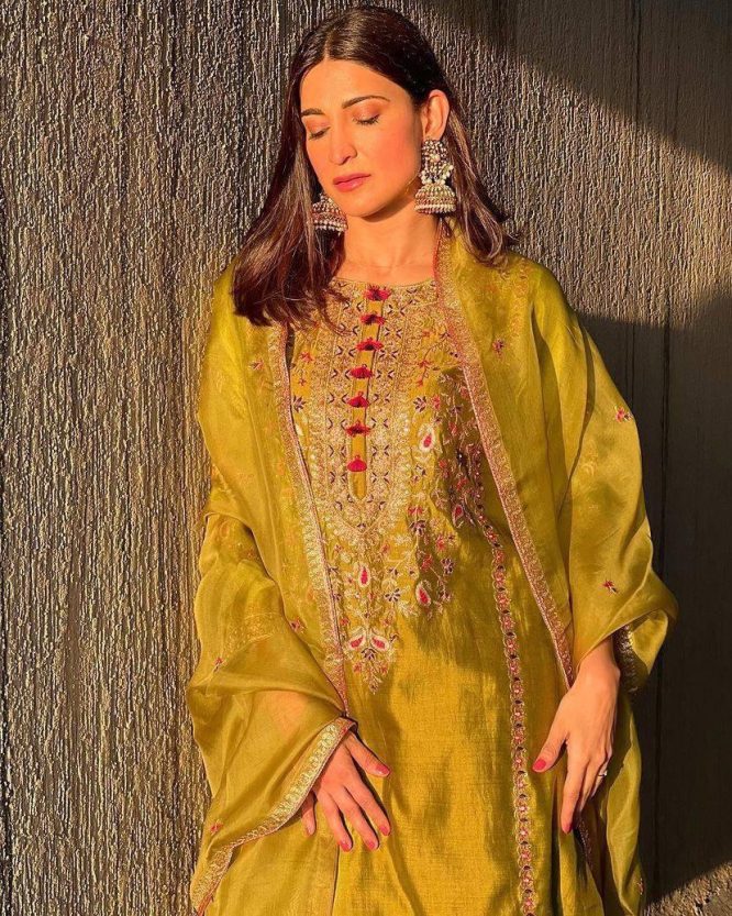 Golden Embroidered Silk Kurta Set