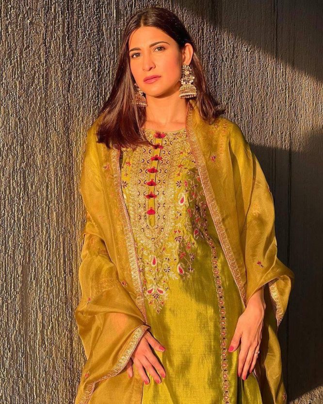 Golden Embroidered Silk Kurta Set