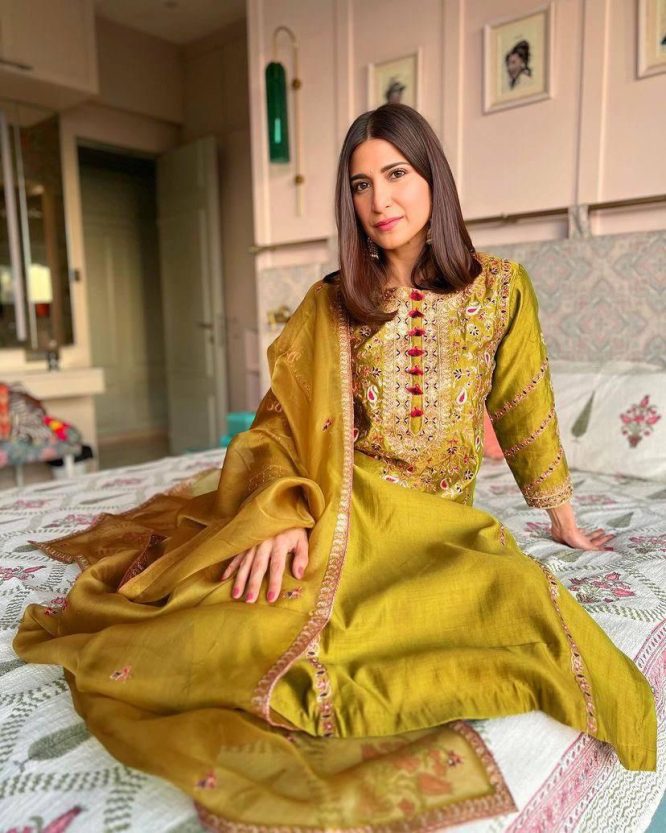Golden Embroidered Silk Kurta Set