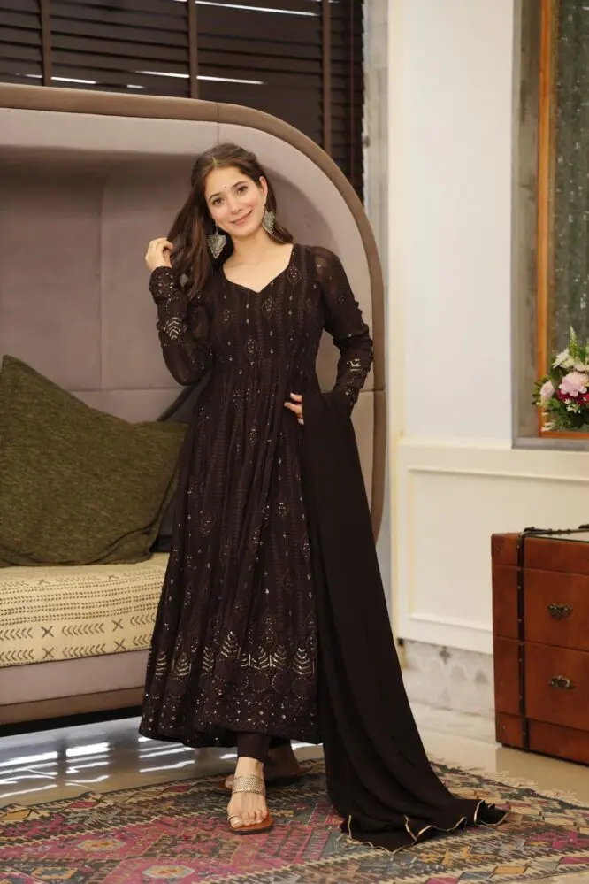 Brown Embroidered Premium Georgette Suit Set