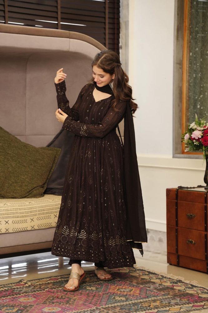 Brown Embroidered Premium Georgette Suit Set