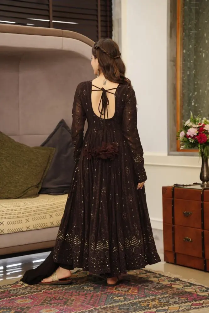 Brown Embroidered Premium Georgette Suit Set