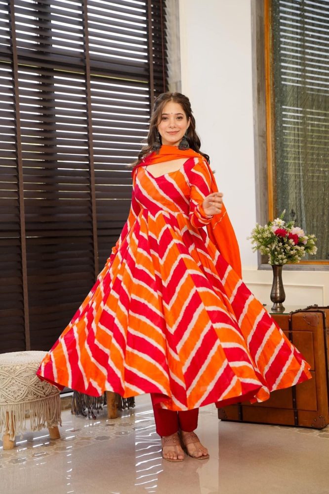 Vibrant Sunset Leheria Striped Anarkali Suit