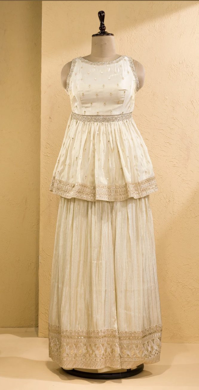 Ivory Peplum Top and Sharara Set with Zardosi Accents
