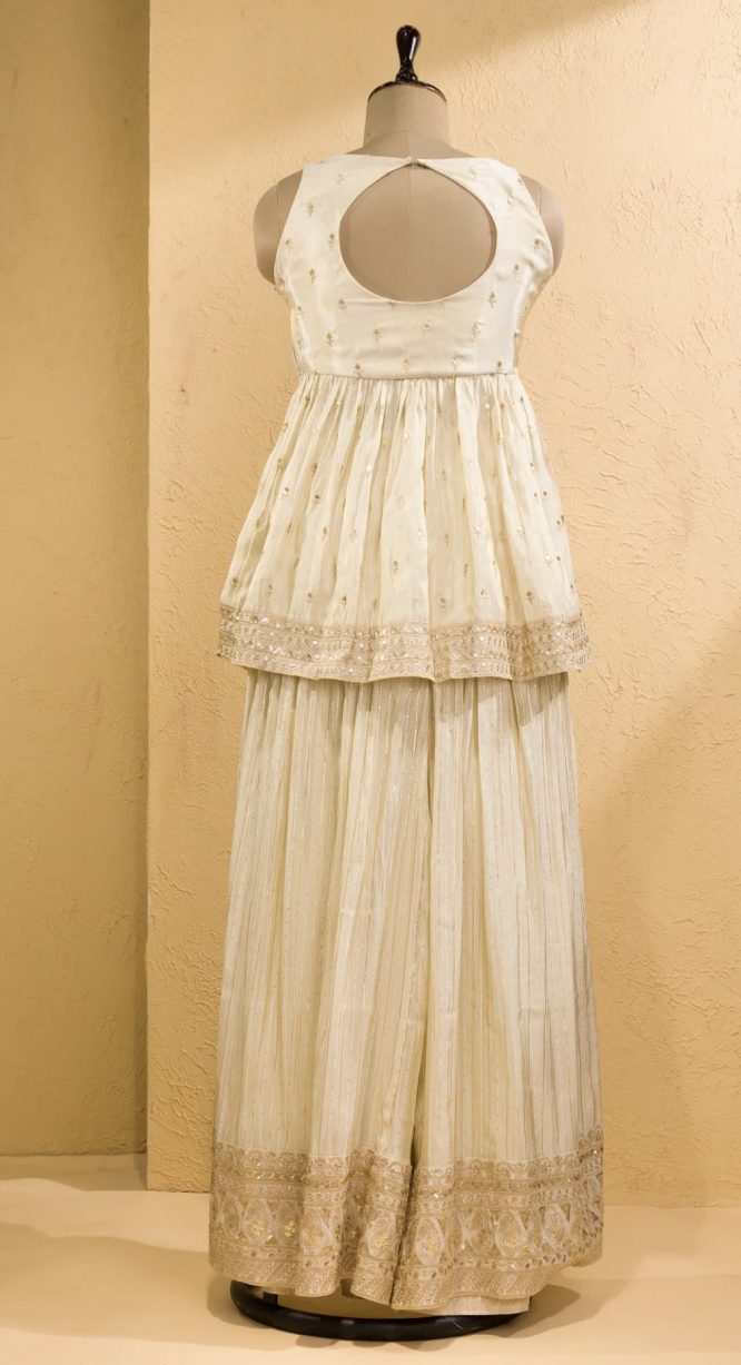 Ivory Peplum Top and Sharara Set with Zardosi Accents