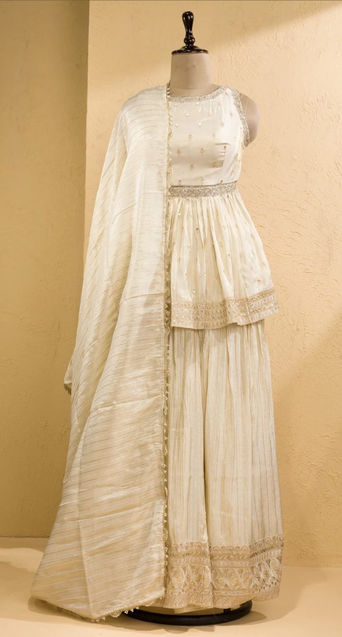 Ivory Peplum Top and Sharara Set with Zardosi Accents