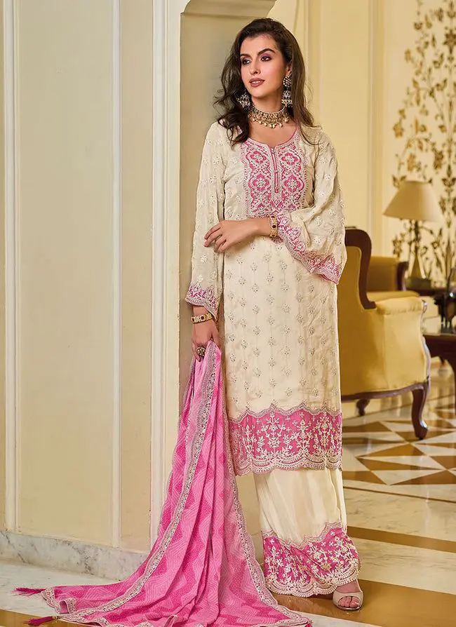 Pearl White Georgette Chine Sequins Work Pakistani Suit