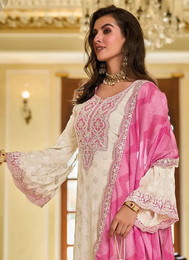 Pearl White Georgette Chine Sequins Work Pakistani Suit
