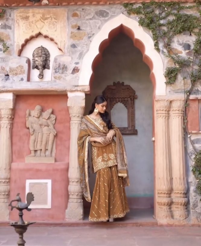 Golden Mocha Embroidered Palazzo Suit