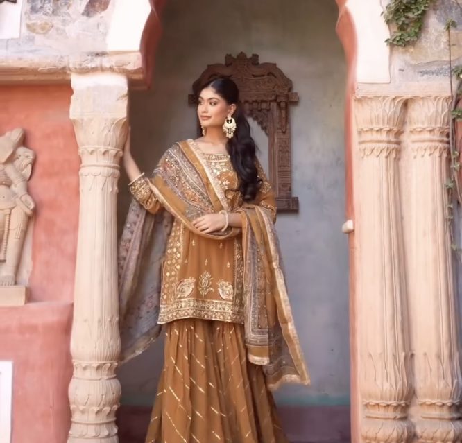 Golden Mocha Embroidered Palazzo Suit