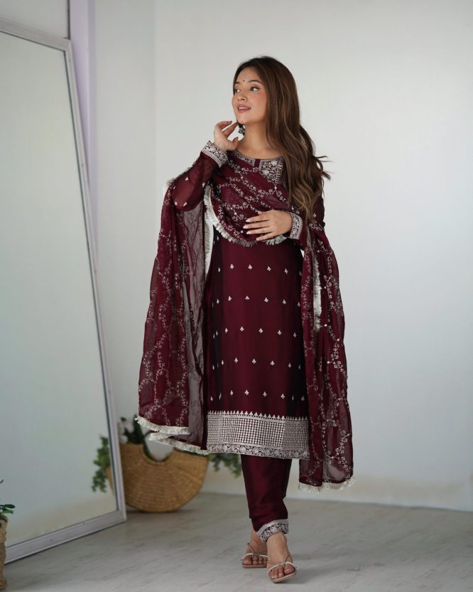 Deep Wine Luxe Embellished Suit Set