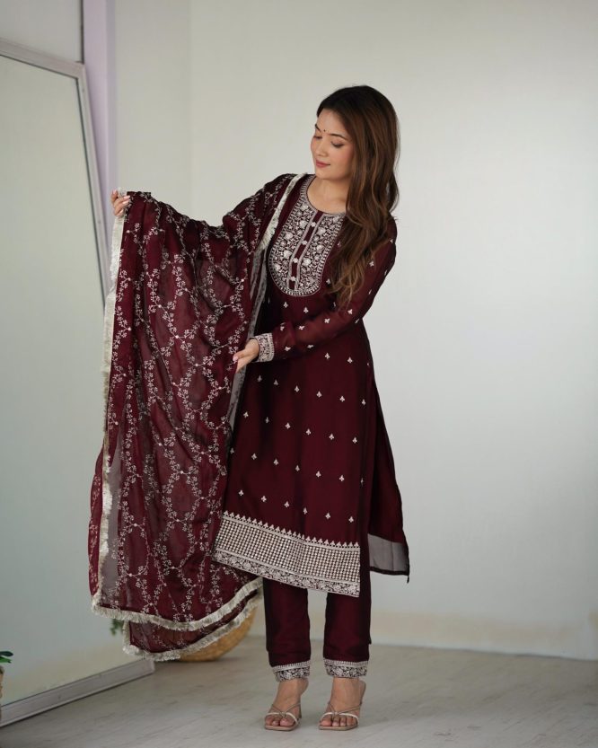 Deep Wine Luxe Embellished Suit Set