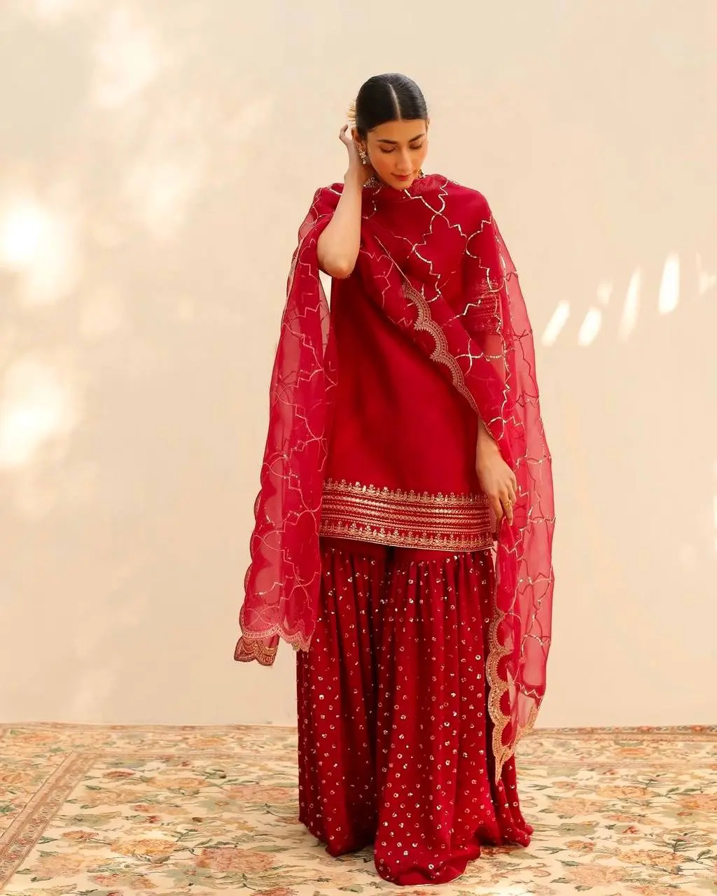 Elegant Mirror Work Kurta, Palazzo, and Dupatta Set
