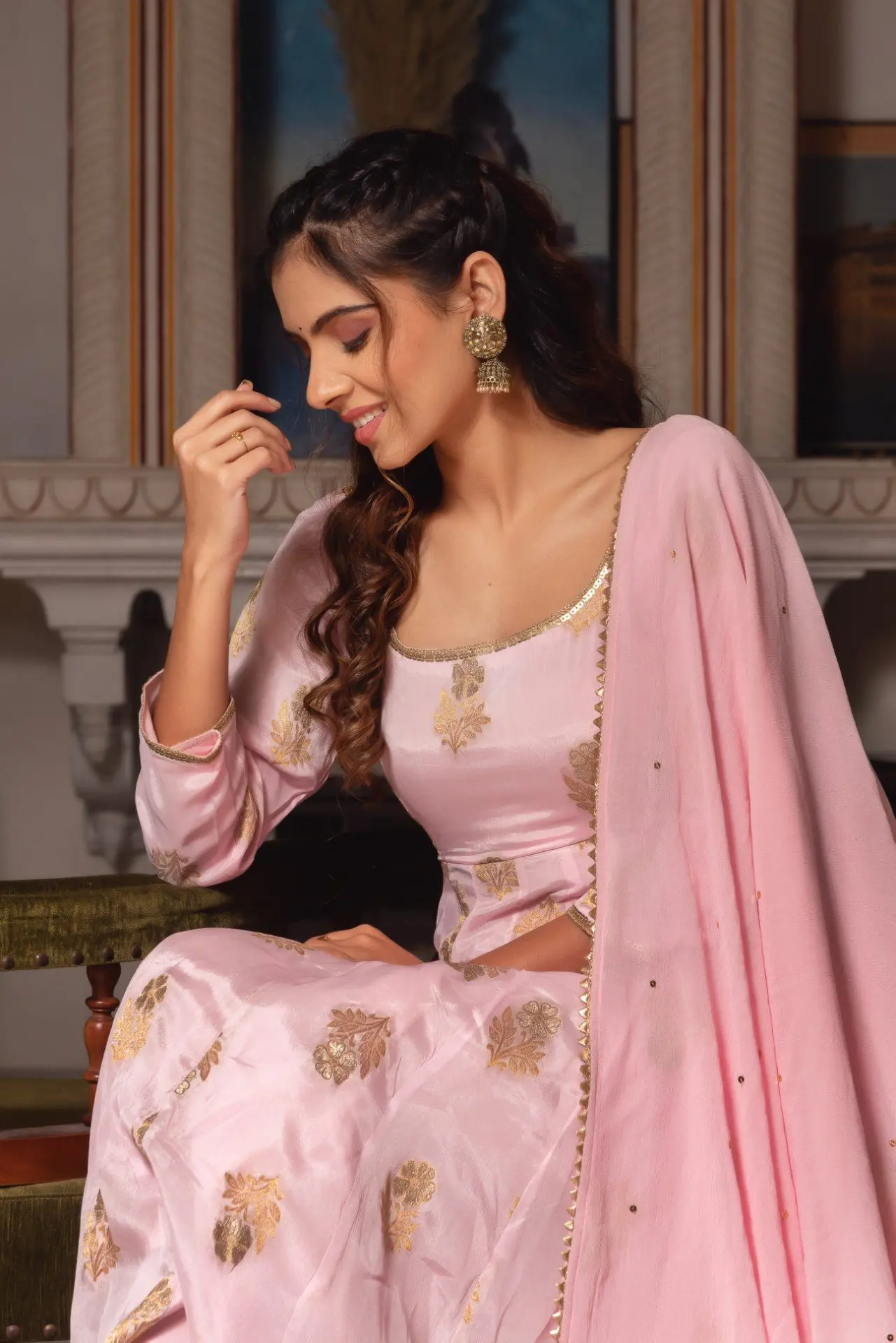 Baby Pink Premium Chinon Anarkali Suit Set