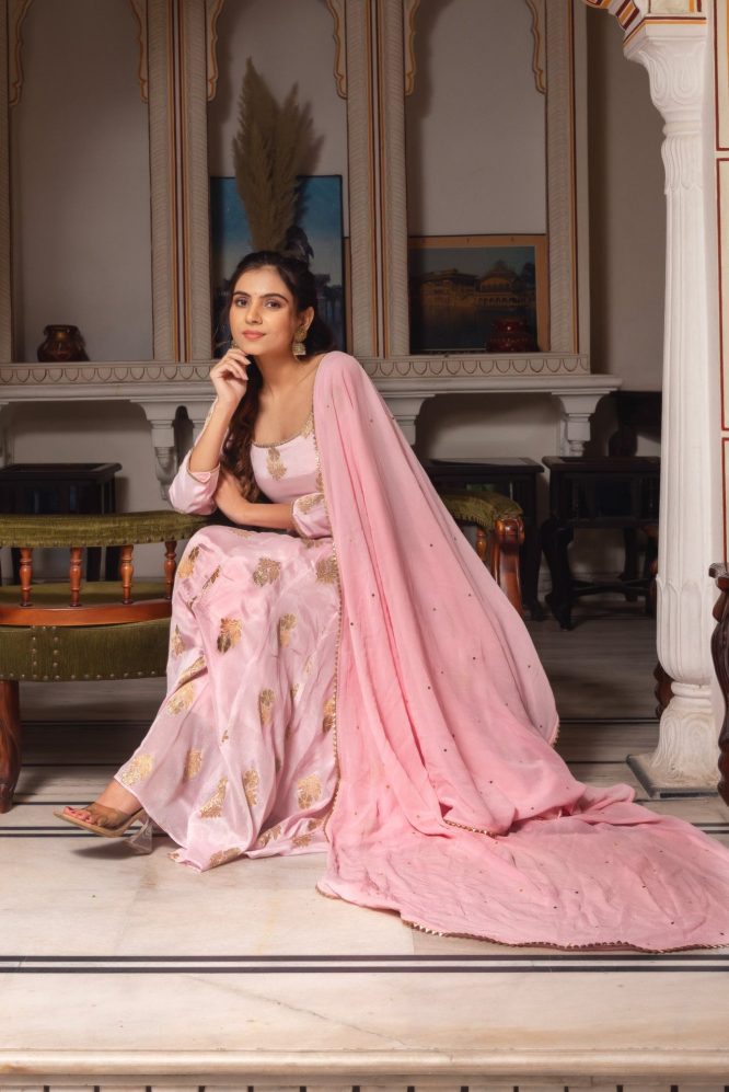 Baby Pink Premium Chinon Anarkali Suit Set