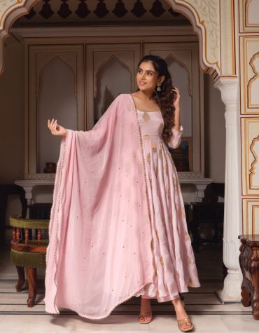 Baby Pink Premium Chinon Anarkali Suit Set