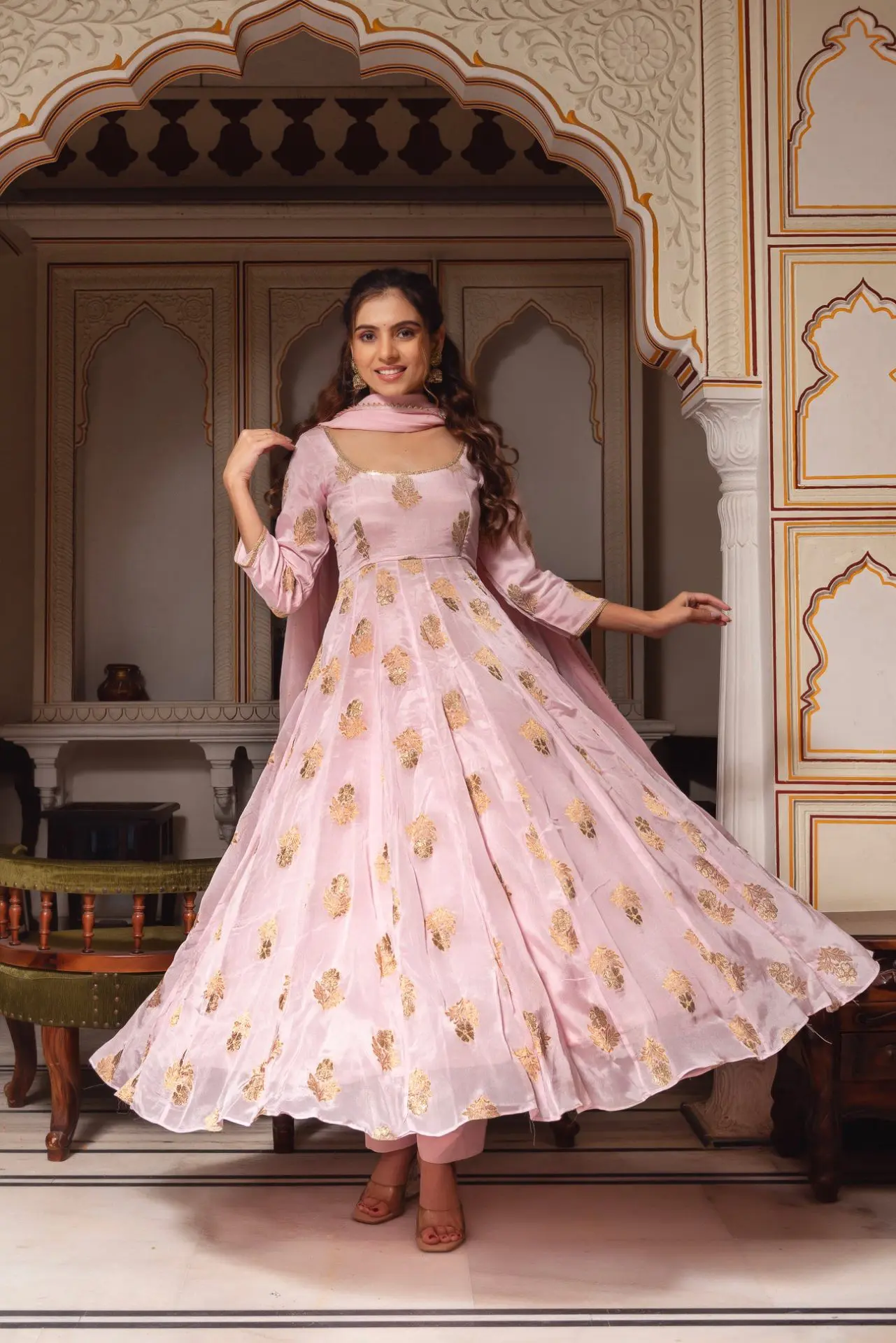 Baby Pink Premium Chinon Anarkali Suit Set