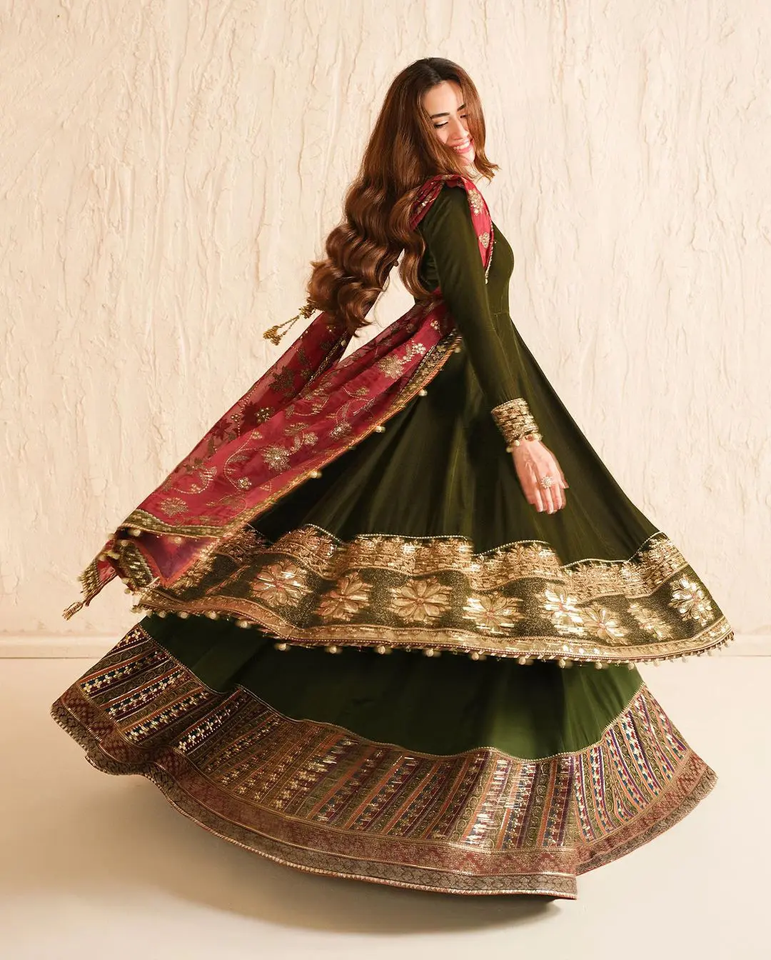 Juliet’s Olive Green Anarkali Kurti Lehenga Set With Embroidered Dupatta