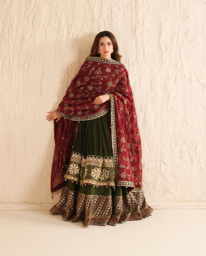 Juliet’s Olive Green Anarkali Kurti Lehenga Set With Embroidered Dupatta