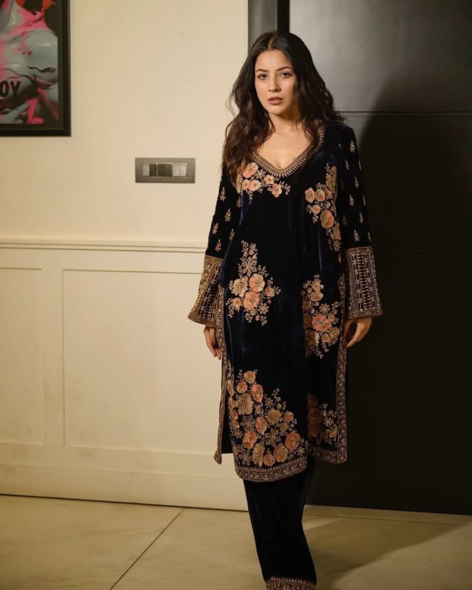 Shehnaz Gill Slay In Royal Velvet Suit