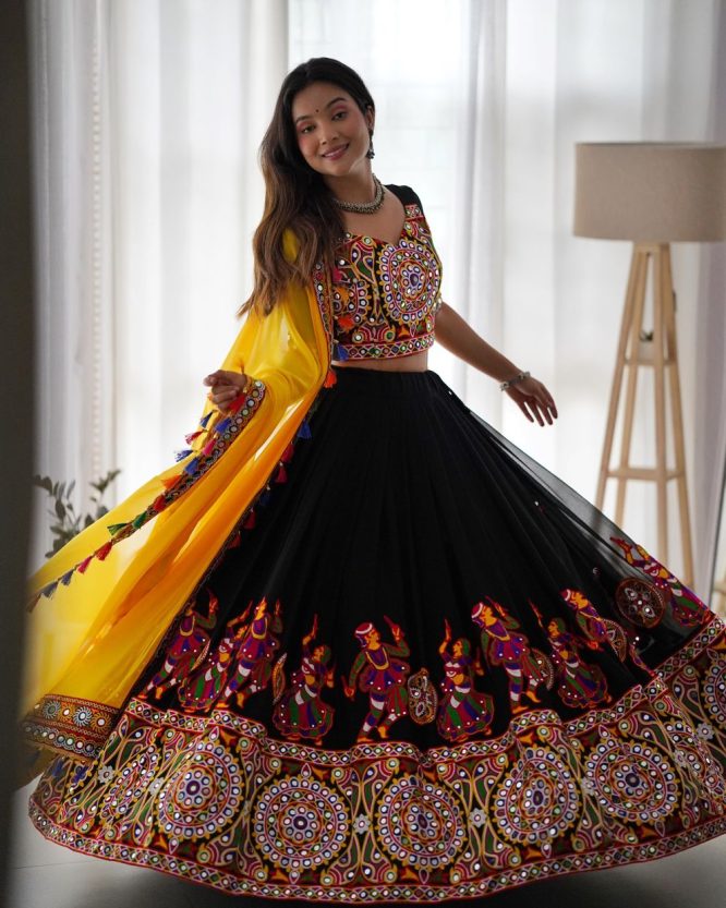 Navratri Special Black Mirror Work Chaniya Choli With Yellow Dupatta (Set Of 3)