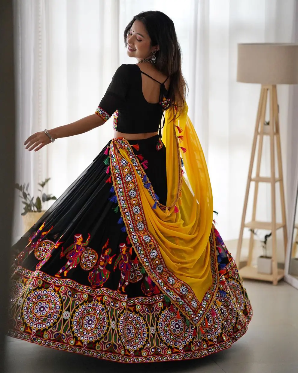 Navratri Special Black Mirror Work Chaniya Choli With Yellow Dupatta (Set Of 3)