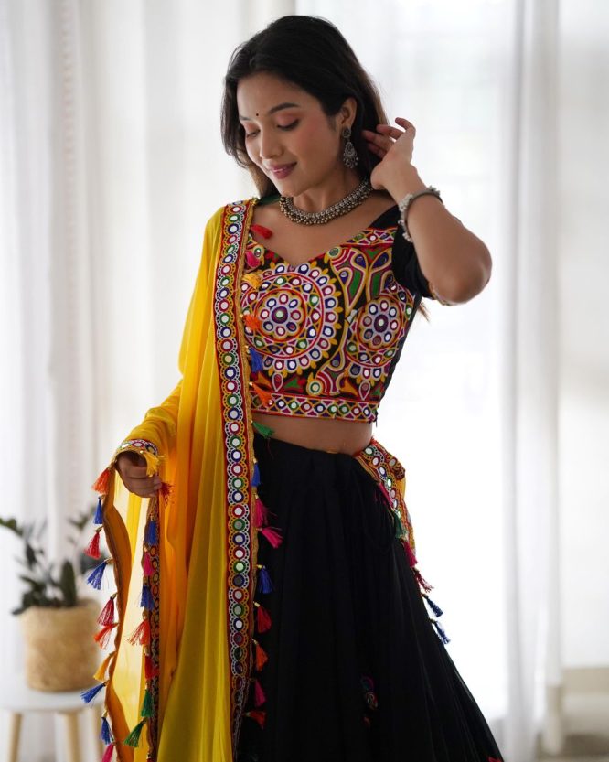 Navratri Special Black Mirror Work Chaniya Choli With Yellow Dupatta (Set Of 3)