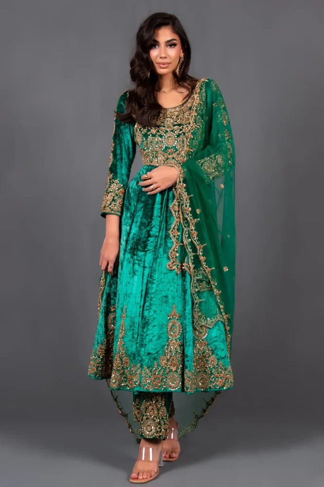 Elegant Emerald Velvet Anarkali Suit Set