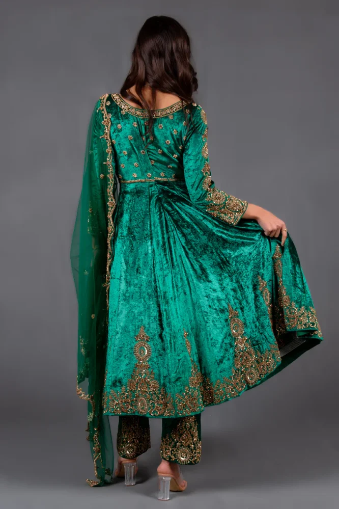 Elegant Emerald Velvet Anarkali Suit Set