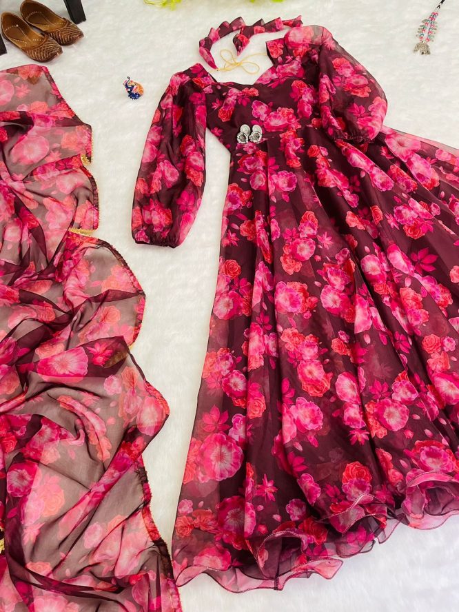 New Party Wear Look Organza Taby Silk Gown With Dupatta