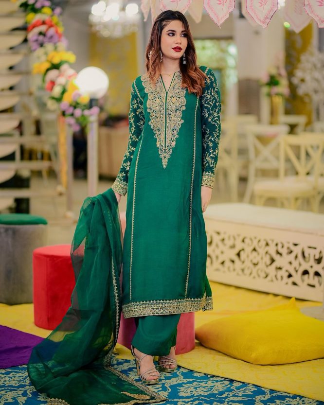 Green Embroidered Zari Sequence Suit
