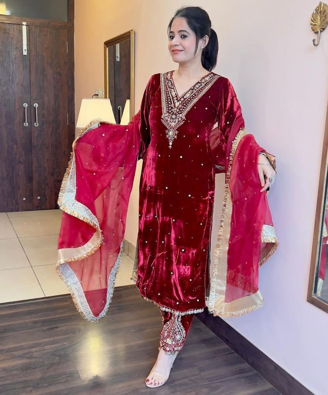 Maroon Velvet Embroidered Kurta Set with Dupatta