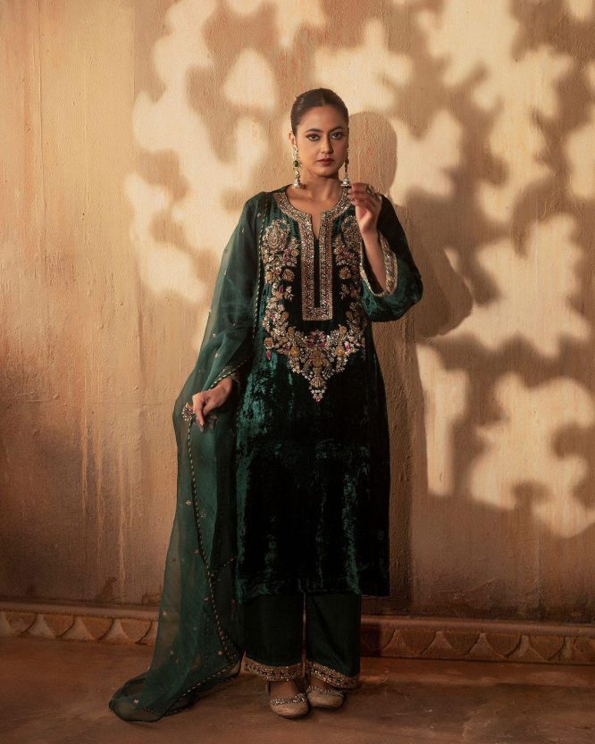 Elegant Green Velvet Embroidered Festive Ensemble