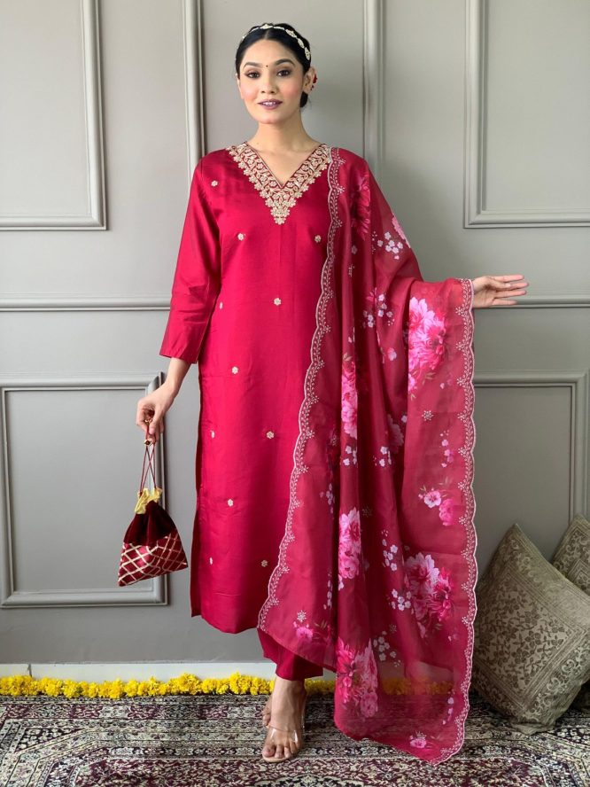 Chanderi Silk Embroidered Kurta Set with Floral Dupatta