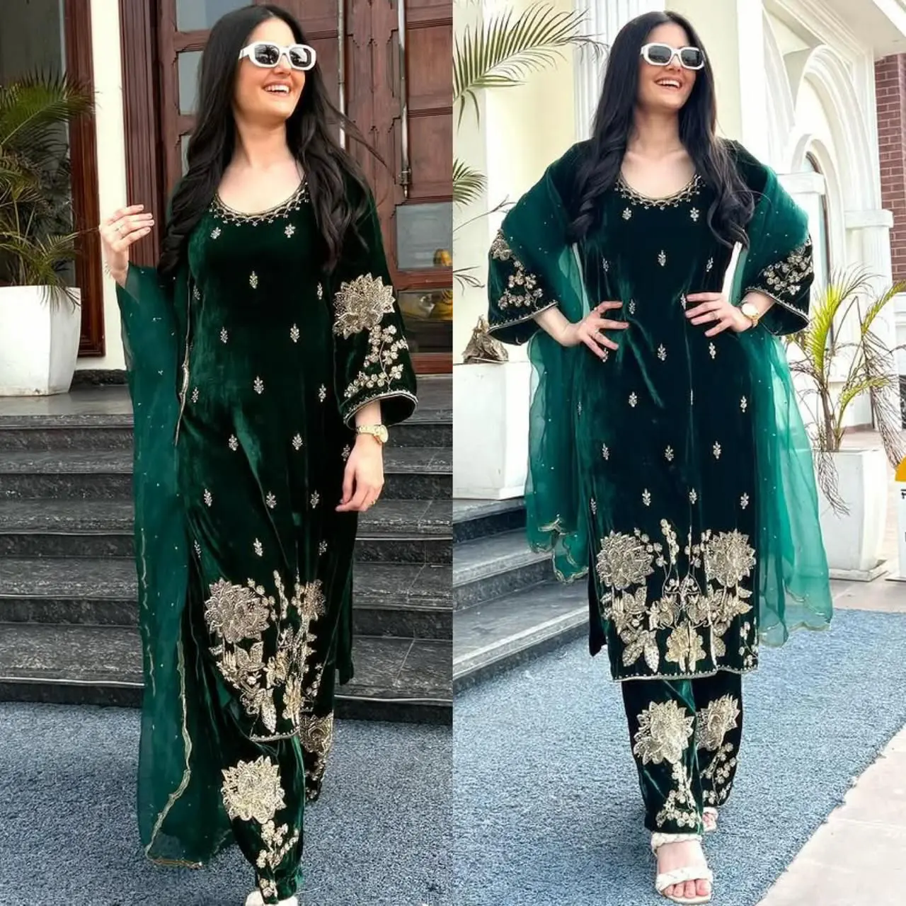 Emerald Gold Velvet Suit Set