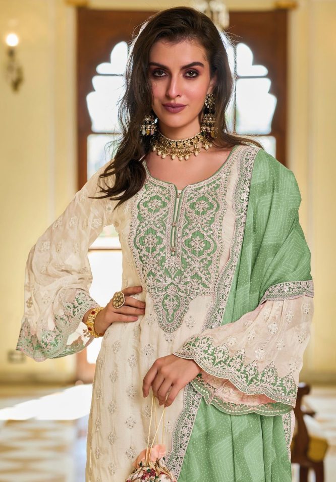 Pearl White Georgette Chine Sequins Work Pakistani Suit