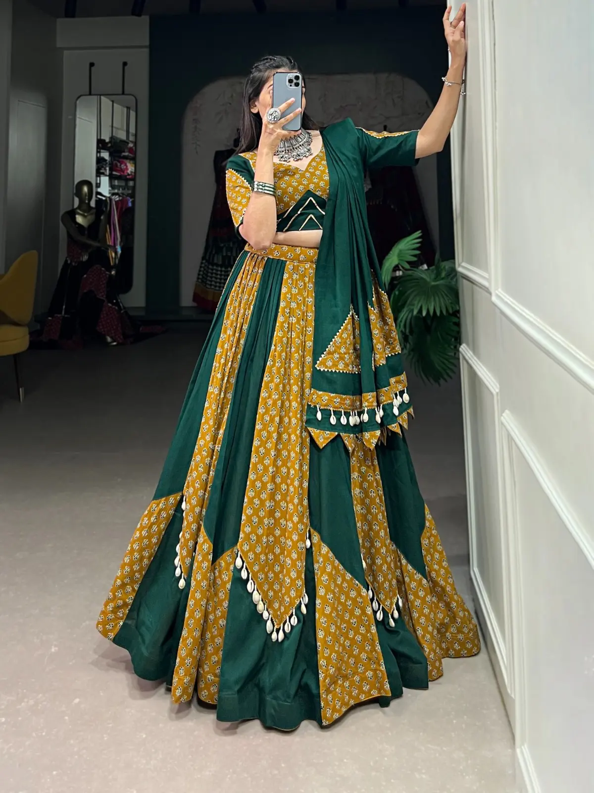 Navratri Special Emerald Gold Geometric Lehenga Choli